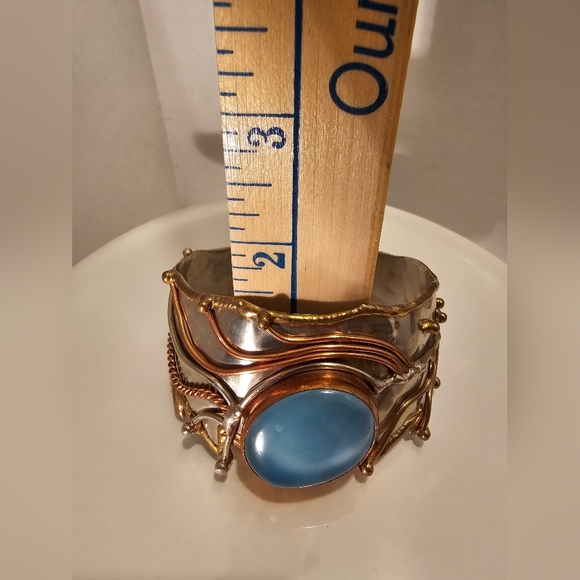 RARE Vintage Chalcedony Gemstone  Handmade Artisian Cuff Bracelet Hand-Hammered - Picture 8 of 9